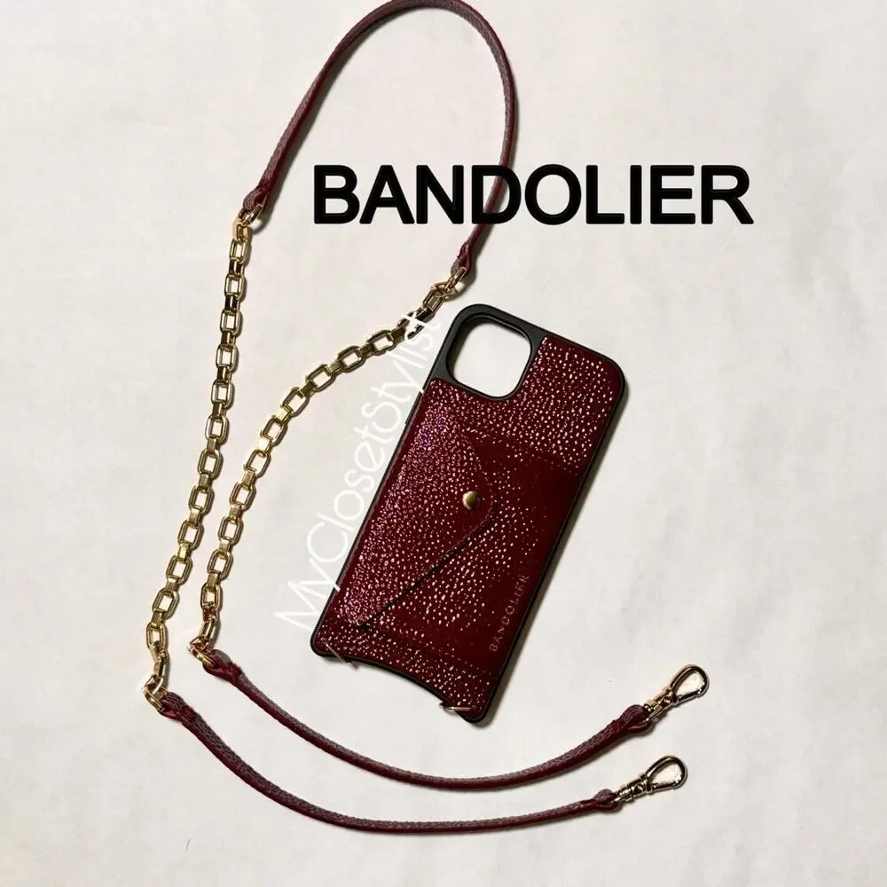 Bandolier LACQUER Leather 14plus Crossbody Chain Case SET wine/gold NEW RARE GEM